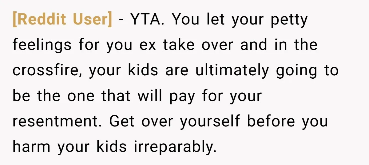 [Reddit User] − YTA. You let your petty feelings for you ex take over and in the crossfire, your kids are ultimately going to be the one that will pay...