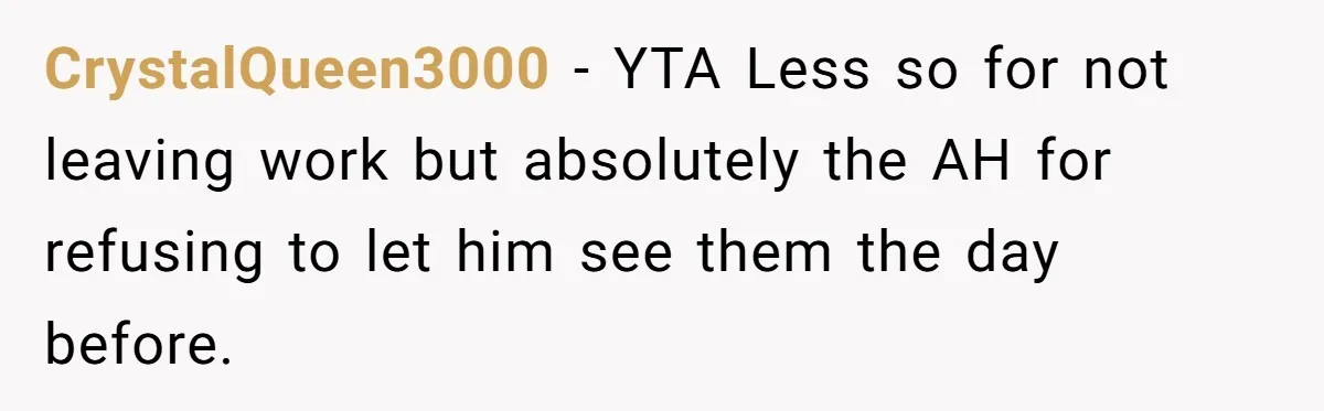 CrystalQueen3000 − YTA Less so for not leaving work but absolutely the AH for refusing to let him see them the day before.