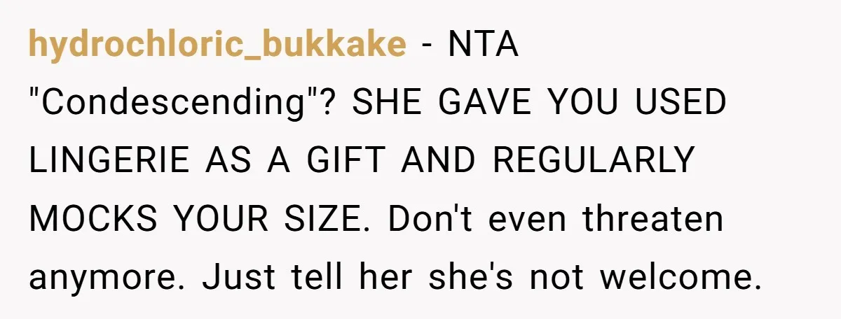 hydrochloric_bukkake − NTA "Condescending"? SHE GAVE YOU USED LINGERIE AS A GIFT AND REGULARLY MOCKS YOUR SIZE. Don't even threaten anymore. Just tell her she's not welcome.