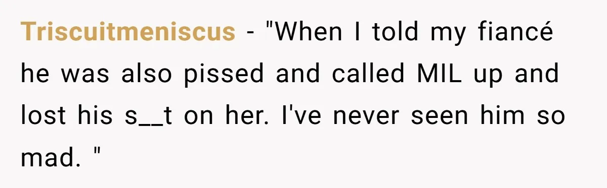 Triscuitmeniscus − "When I told my fiancé he was also pissed and called MIL up and lost his s__t on her. I've never seen him so mad. "