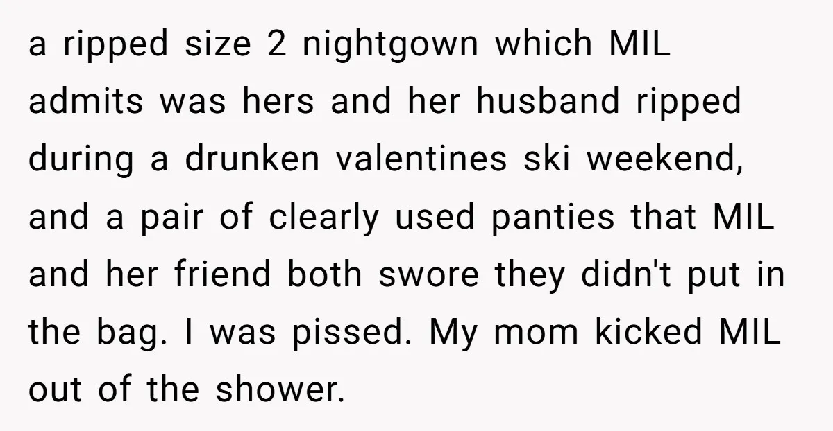 a ripped size 2 nightgown which MIL admits was hers and her husband ripped during a drunken valentines ski weekend, and a pair of clearly used panties that MIL and...