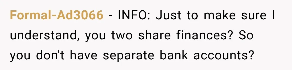 Formal-Ad3066 − INFO: Just to make sure I understand, you two share finances? So you don't have separate bank accounts?