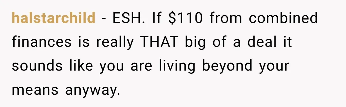 halstarchild − ESH. If $110 from combined finances is really THAT big of a deal it sounds like you are living beyond your means anyway.