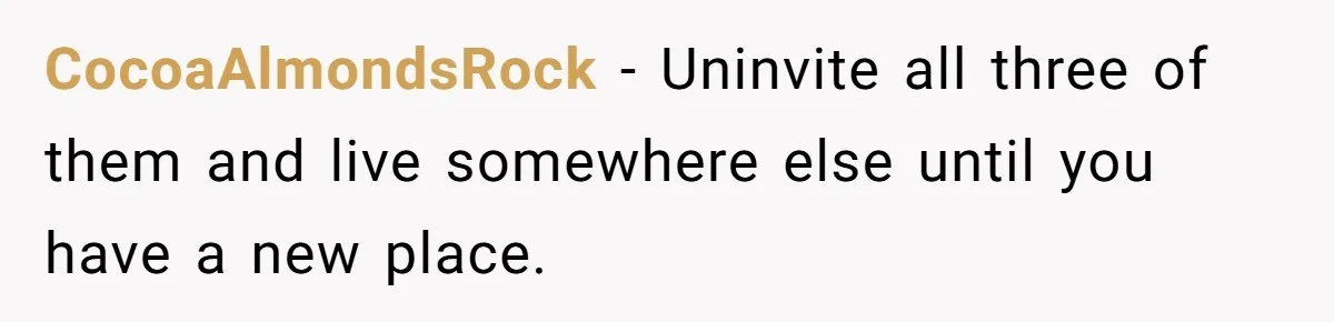 CocoaAlmondsRock − Uninvite all three of them and live somewhere else until you have a new place.