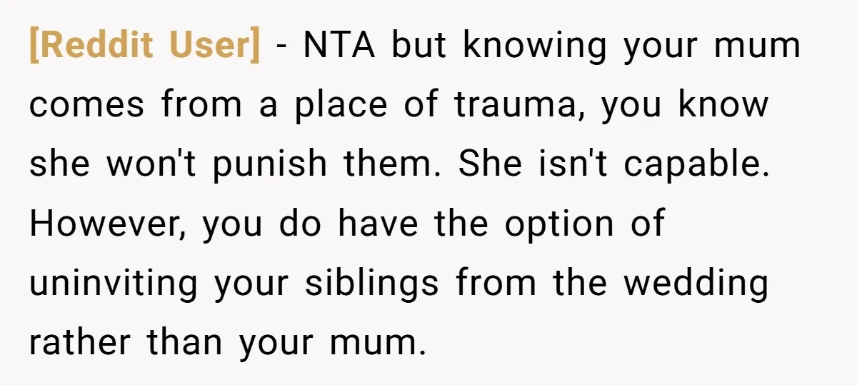 [Reddit User] − NTA but knowing your mum comes from a place of trauma, you know she won't punish them. She isn't capable. However, you do have the option of...