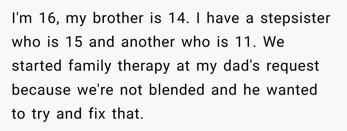 I'm 16, my brother is 14. I have a stepsister who is 15 and another who is 11. We started family therapy at my dad's request because we're not blended...