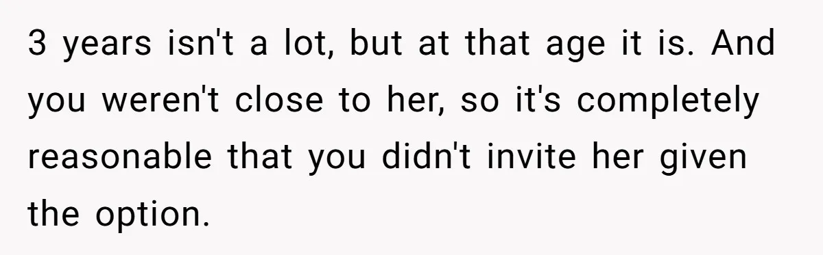 3 years isn't a lot, but at that age it is. And you weren't close to her, so it's completely reasonable that you didn't invite her given the option.