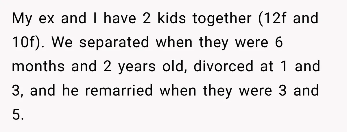 My ex and I have 2 kids together (12f and 10f). We separated when they were 6 months and 2 years old, divorced at 1 and 3, and he remarried...