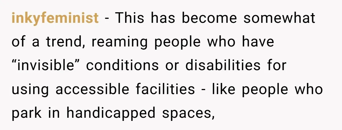 inkyfeminist − This has become somewhat of a trend, reaming people who have “invisible” conditions or disabilities for using accessible facilities - like people who park in handicapped spaces,
