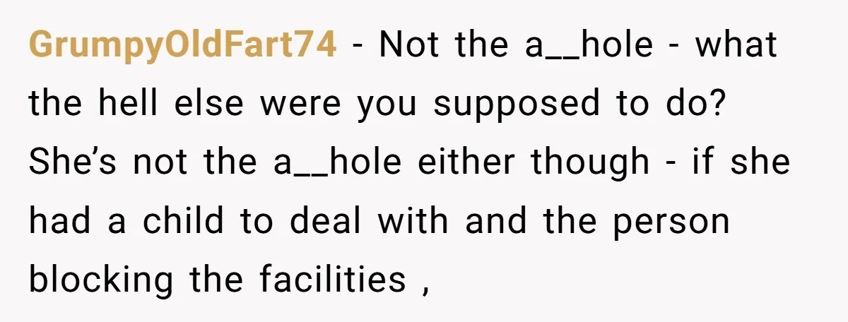 GrumpyOldFart74 − Not the a__hole - what the hell else were you supposed to do? She’s not the a__hole either though - if she had a child to deal with...