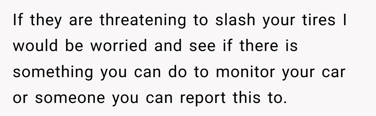 If they are threatening to slash your tires I would be worried and see if there is something you can do to monitor your car or someone you can report...
