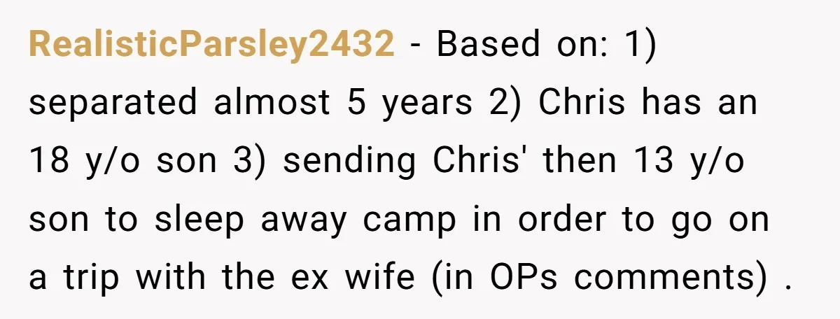 RealisticParsley2432 − Based on: 1) separated almost 5 years 2) Chris has an 18 y/o son 3) sending Chris' then 13 y/o son to sleep away camp in order to...