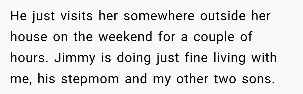 He just visits her somewhere outside her house on the weekend for a couple of hours. Jimmy is doing just fine living with me, his stepmom and my other two...