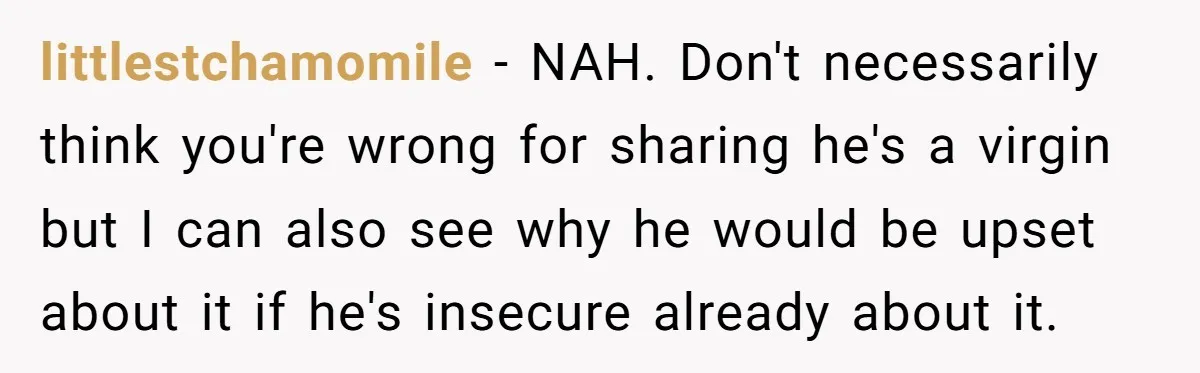littlestchamomile − NAH. Don't necessarily think you're wrong for sharing he's a virgin but I can also see why he would be upset about it if he's insecure already about...