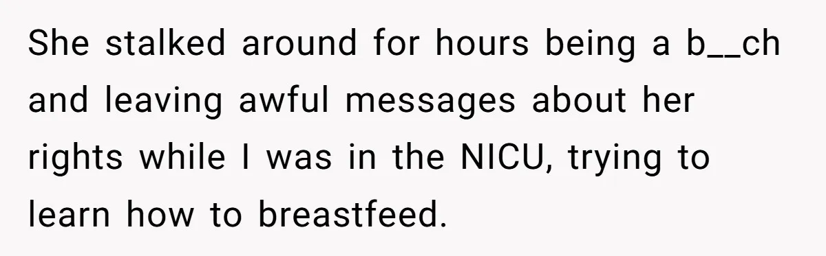 She stalked around for hours being a b__ch and leaving awful messages about her rights while I was in the NICU, trying to learn how to breastfeed.