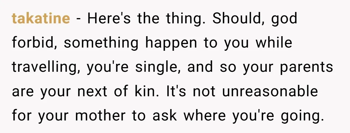 takatine − Here's the thing. Should, god forbid, something happen to you while travelling, you're single, and so your parents are your next of kin. It's not unreasonable for your...
