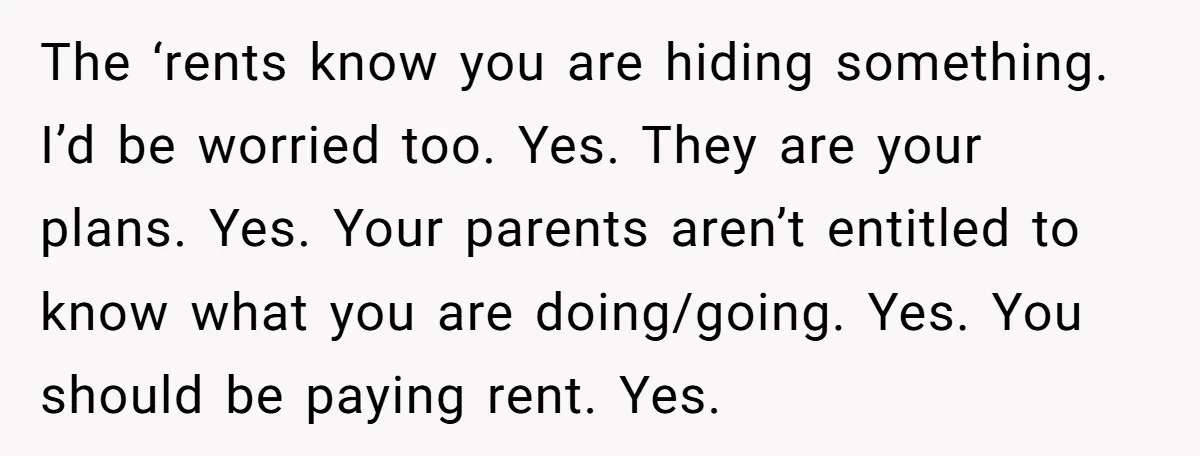 The ‘rents know you are hiding something. I’d be worried too. Yes. They are your plans. Yes. Your parents aren’t entitled to know what you are doing/going. Yes. You should...