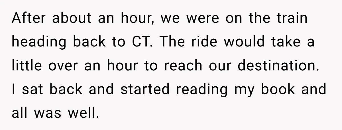 After about an hour, we were on the train heading back to CT. The ride would take a little over an hour to reach our destination. I sat back and...