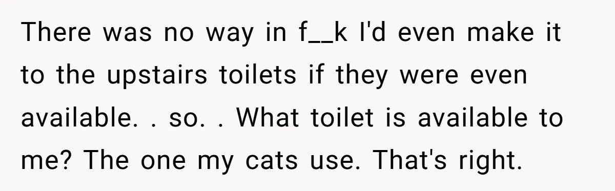 There was no way in f__k I'd even make it to the upstairs toilets if they were even available. . so. . What toilet is available to me? The one...
