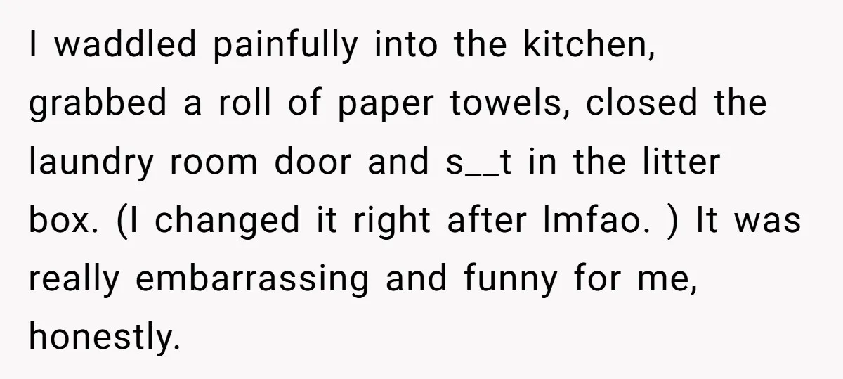 I waddled painfully into the kitchen, grabbed a roll of paper towels, closed the laundry room door and s__t in the litter box. (I changed it right after lmfao. )...
