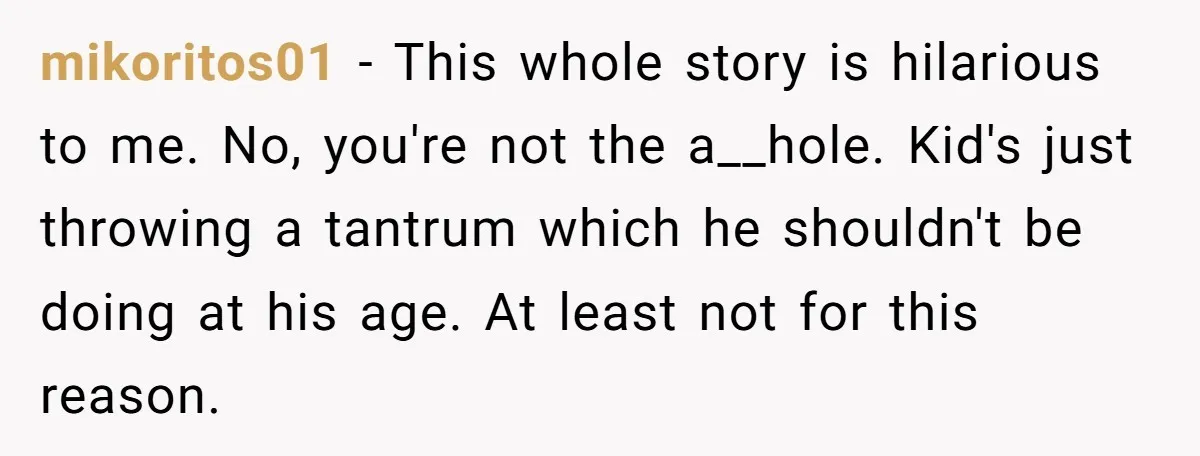 mikoritos01 − This whole story is hilarious to me. No, you're not the a__hole. Kid's just throwing a tantrum which he shouldn't be doing at his age. At least not...