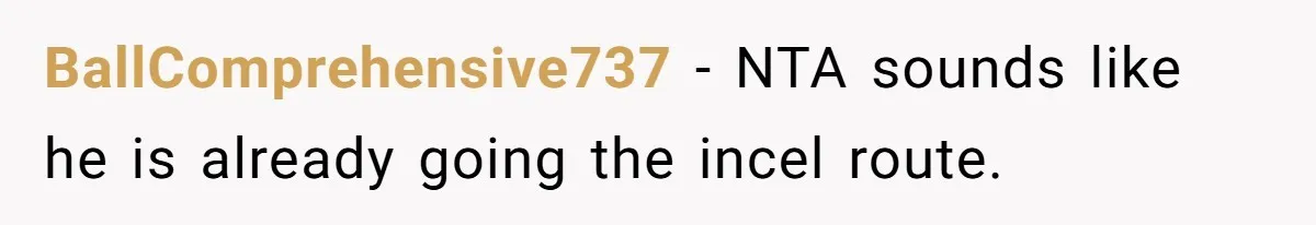 BallComprehensive737 − NTA sounds like he is already going the incel route.