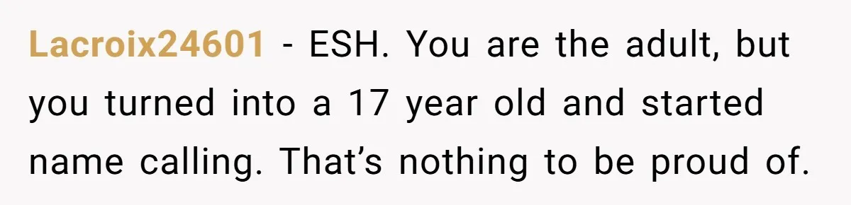 Lacroix24601 − ESH. You are the adult, but you turned into a 17 year old and started name calling. That’s nothing to be proud of.