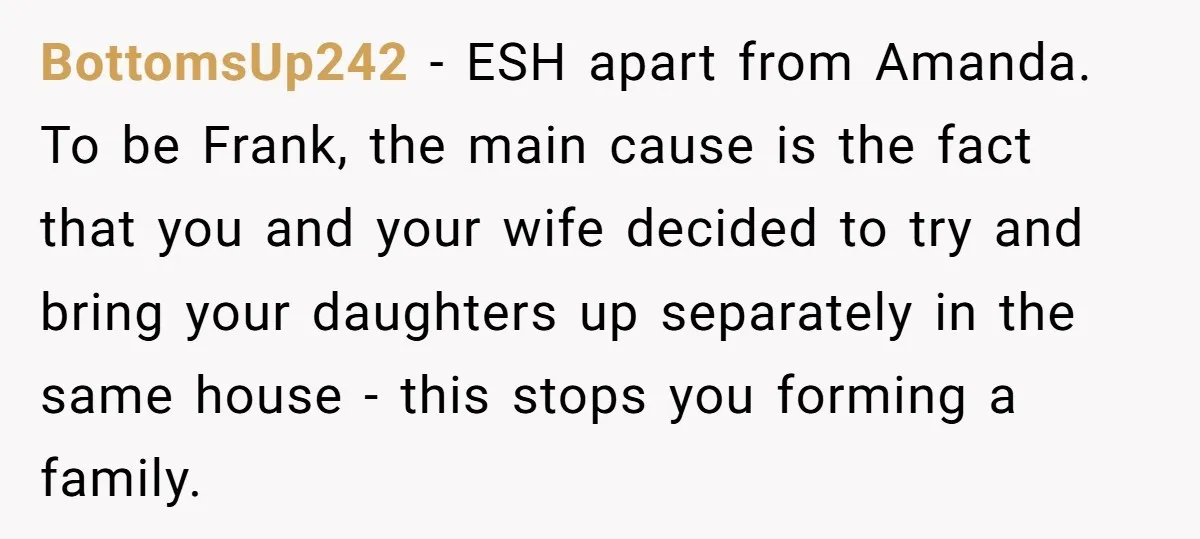 BottomsUp242 − ESH apart from Amanda. To be Frank, the main cause is the fact that you and your wife decided to try and bring your daughters up separately in...