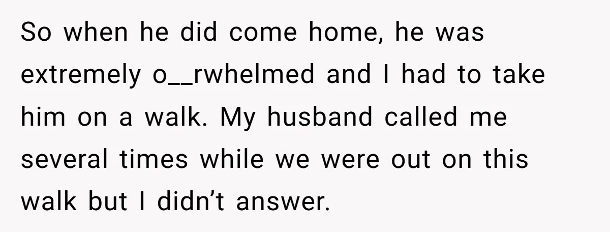 So when he did come home, he was extremely o__rwhelmed and I had to take him on a walk. My husband called me several times while we were out on...