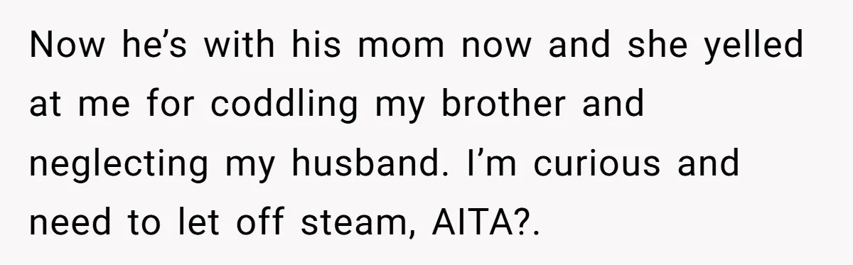 Now he’s with his mom now and she yelled at me for coddling my brother and neglecting my husband. I’m curious and need to let off steam, AITA?.