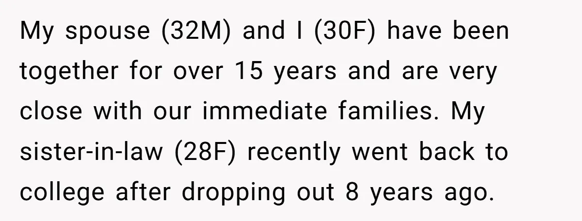 My spouse (32M) and I (30F) have been together for over 15 years and are very close with our immediate families. My sister-in-law (28F) recently went back to college after...