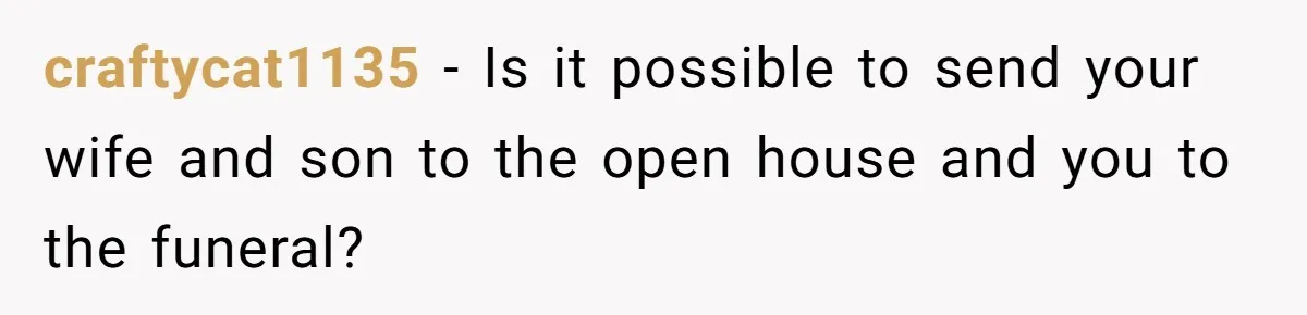craftycat1135 − Is it possible to send your wife and son to the open house and you to the funeral?