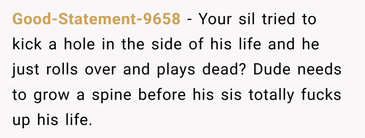 Good-Statement-9658 − Your sil tried to kick a hole in the side of his life and he just rolls over and plays dead? Dude needs to grow a spine before...