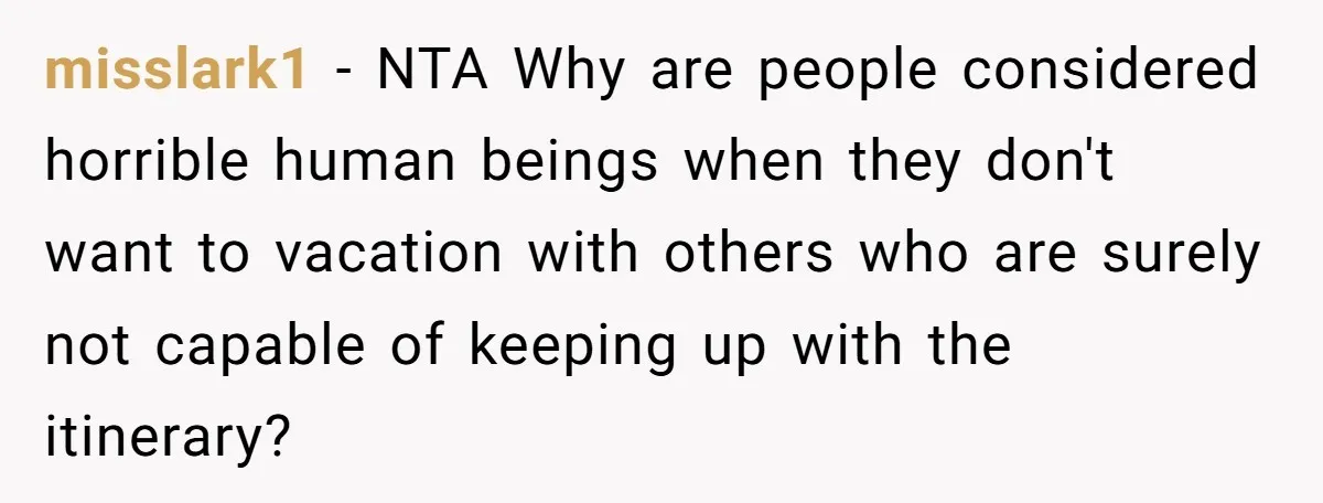 misslark1 − NTA Why are people considered horrible human beings when they don't want to vacation with others who are surely not capable of keeping up with the itinerary?