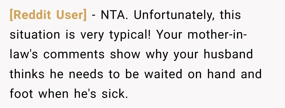 [Reddit User] − NTA. Unfortunately, this situation is very typical! Your mother-in-law's comments show why your husband thinks he needs to be waited on hand and foot when he's sick.