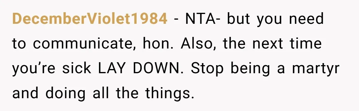 DecemberViolet1984 − NTA- but you need to communicate, hon. Also, the next time you’re sick LAY DOWN. Stop being a martyr and doing all the things.