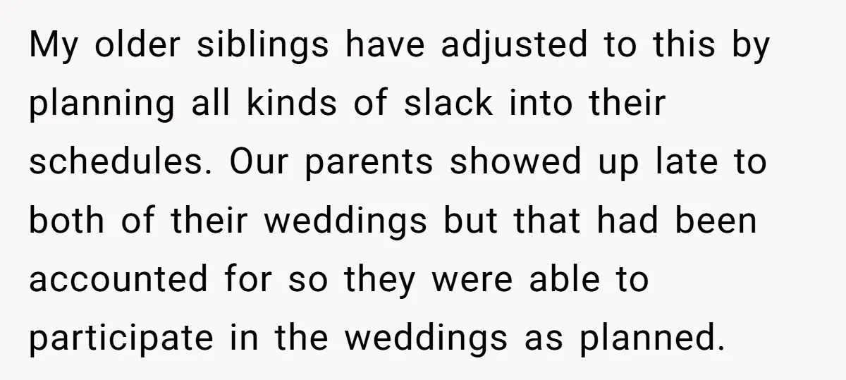 My older siblings have adjusted to this by planning all kinds of slack into their schedules. Our parents showed up late to both of their weddings but that had been...