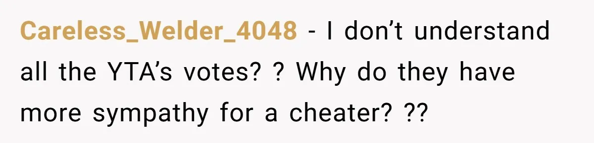 Careless_Welder_4048 − I don’t understand all the YTA’s votes? ? Why do they have more sympathy for a cheater? ??