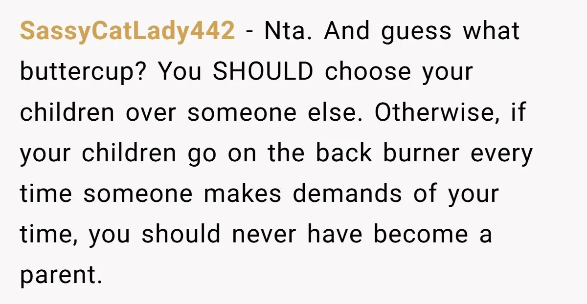 SassyCatLady442 − Nta. And guess what buttercup? You SHOULD choose your children over someone else. Otherwise, if your children go on the back burner every time someone makes demands of...