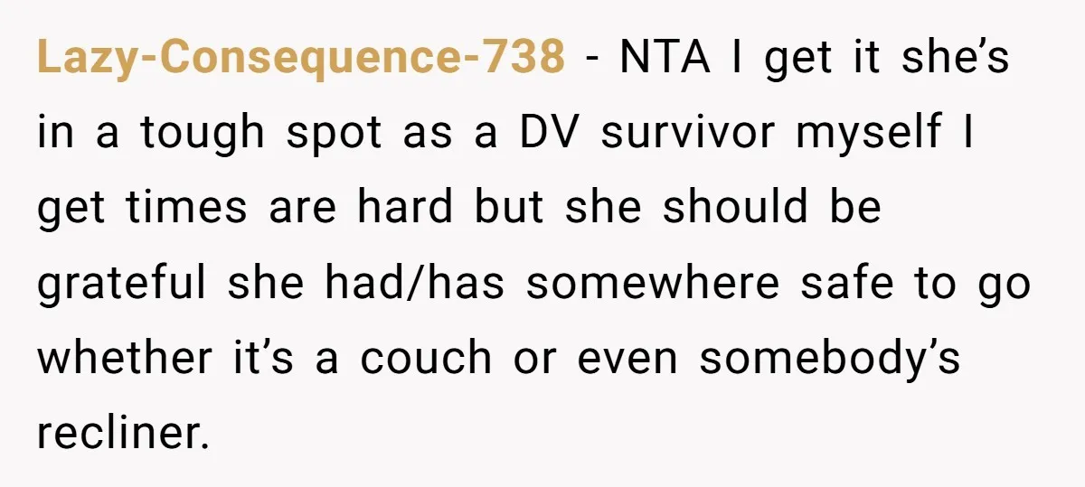 Lazy-Consequence-738 − NTA I get it she’s in a tough spot as a DV survivor myself I get times are hard but she should be grateful she had/has somewhere safe...