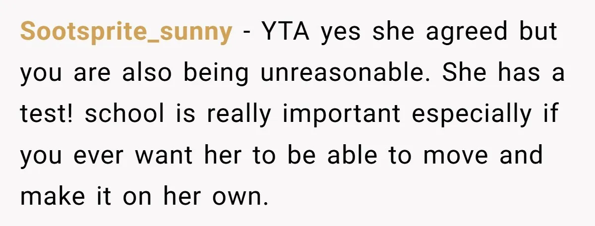 Sootsprite_sunny − YTA yes she agreed but you are also being unreasonable. She has a test! school is really important especially if you ever want her to be able to...