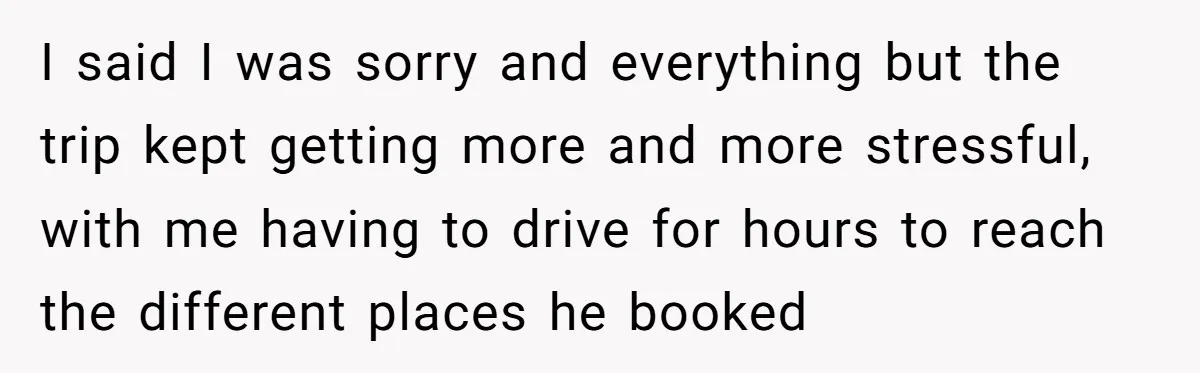 I said I was sorry and everything but the trip kept getting more and more stressful, with me having to drive for hours to reach the different places he booked