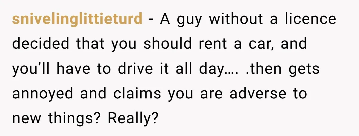 snivelinglittieturd − A guy without a licence decided that you should rent a car, and you’ll have to drive it all day…. .then gets annoyed and claims you are adverse...