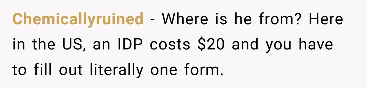 Chemicallyruined − Where is he from? Here in the US, an IDP costs $20 and you have to fill out literally one form.