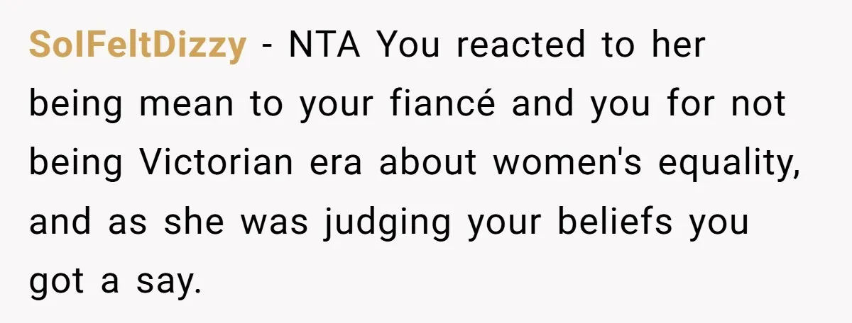SoIFeltDizzy − NTA You reacted to her being mean to your fiancé and you for not being Victorian era about women's equality, and as she was judging your beliefs you...