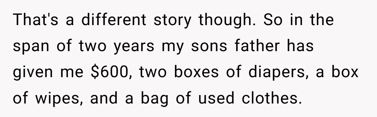 That's a different story though. So in the span of two years my sons father has given me $600, two boxes of diapers, a box of wipes, and a bag...