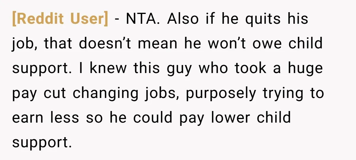 [Reddit User] − NTA. Also if he quits his job, that doesn’t mean he won’t owe child support. I knew this guy who took a huge pay cut changing jobs,...