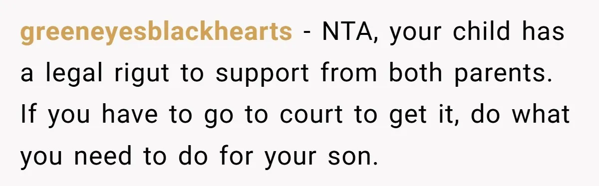 greeneyesblackhearts − NTA, your child has a legal rigut to support from both parents. If you have to go to court to get it, do what you need to do...
