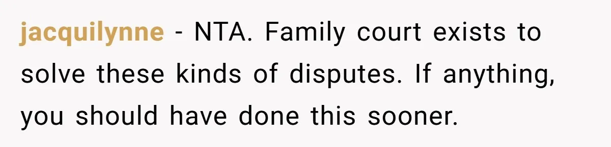 jacquilynne − NTA. Family court exists to solve these kinds of disputes. If anything, you should have done this sooner.