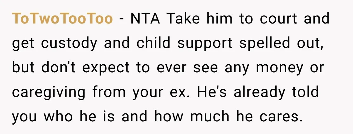 ToTwoTooToo − NTA Take him to court and get custody and child support spelled out, but don't expect to ever see any money or caregiving from your ex. He's already...
